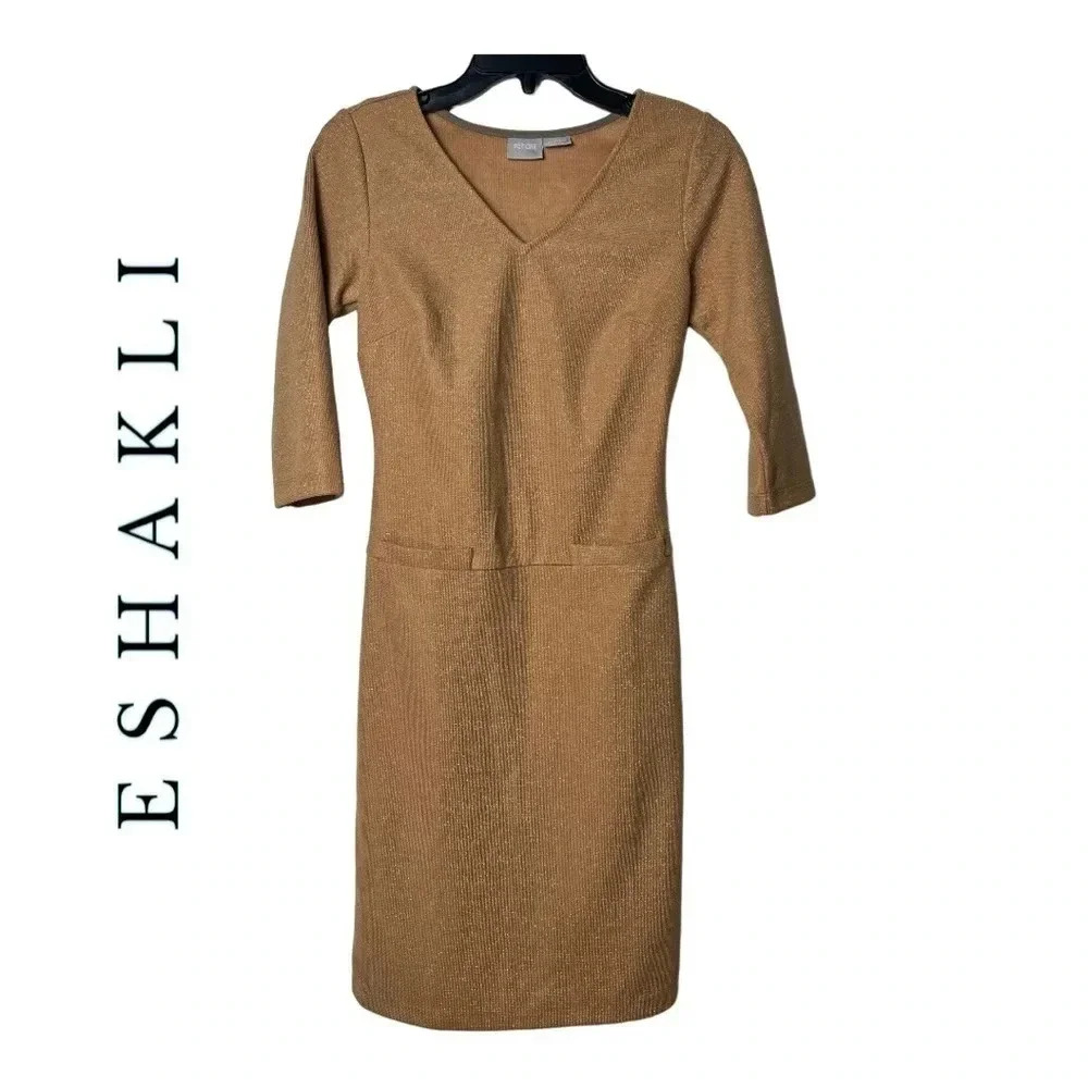 1346. ESHAKTI 3/4 SLEEVE SWEATER DRESS GOLD IN COLOR WITH GOLD METALLIC SPACKS